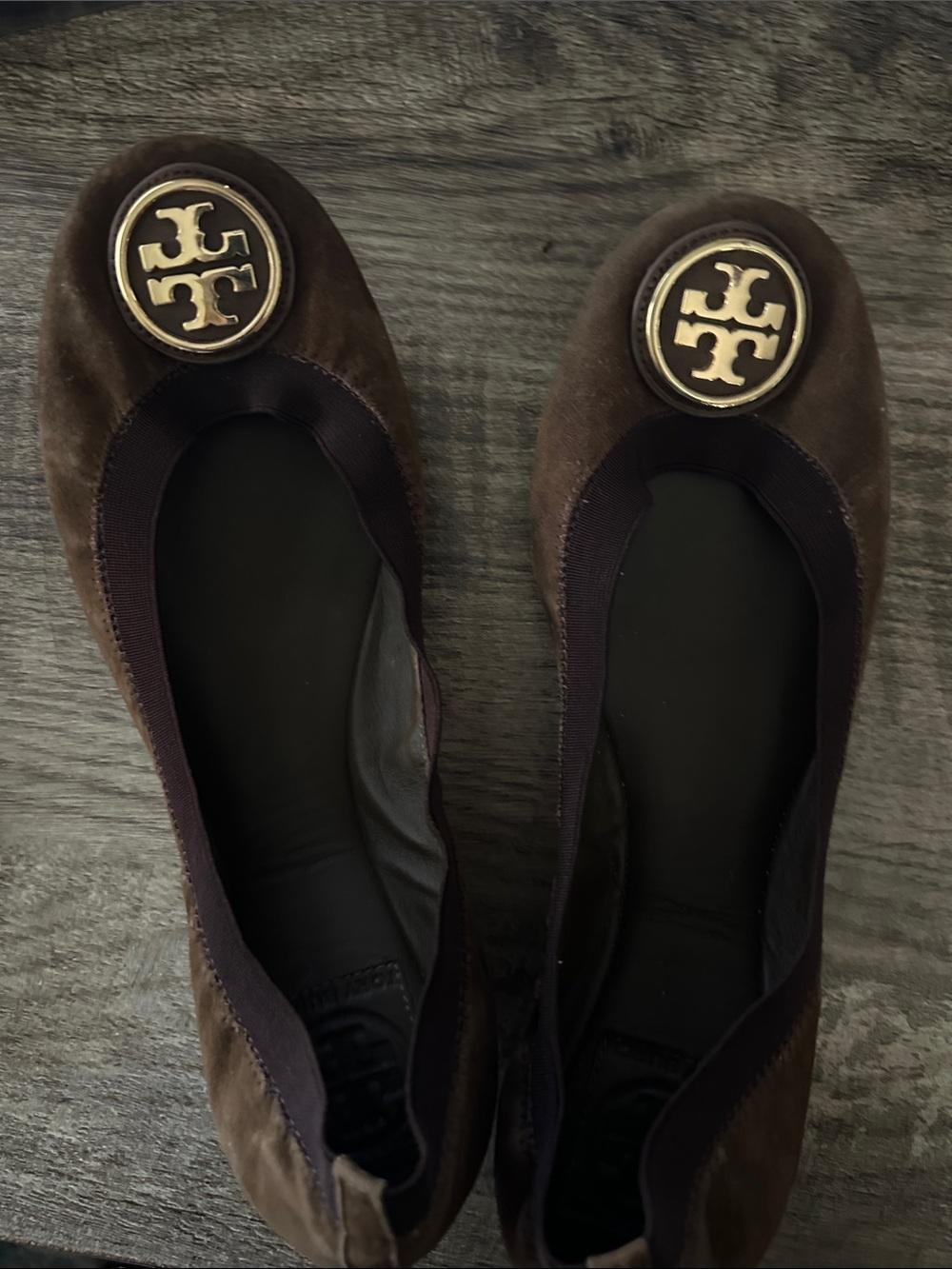Tory Burch Dark Brown Suede Logo Ballet Flats with Gold Medallions size 9
